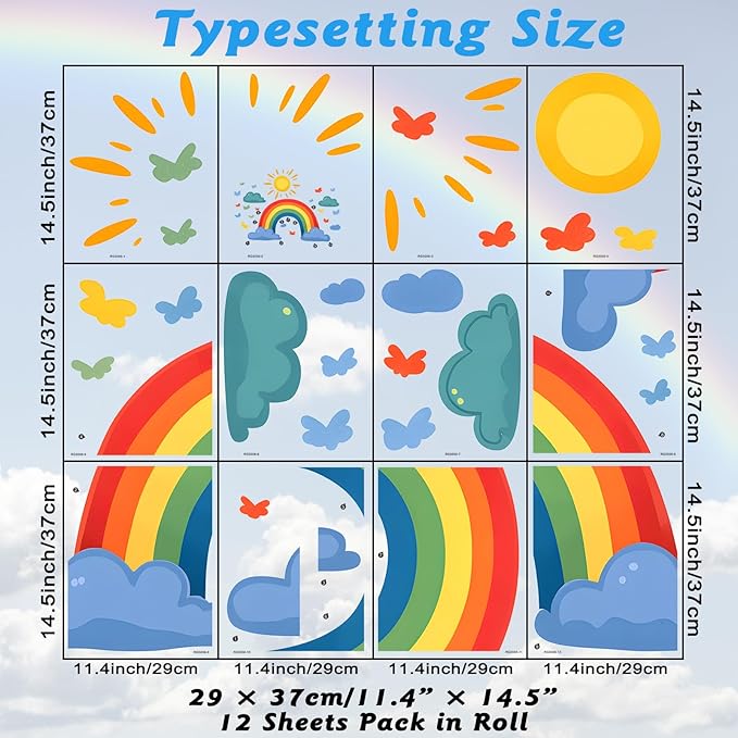 Rainbow Wall Decals Watercolor Sun Cloud Wall Stickers for Kids Room, Cute Cloudy Rainbow Wall Decor Butterfly Sun Decorations Peel and Stick Removable Decals for Girls Room Nursery