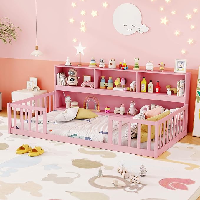 KOMFOTT Twin Floor Bed with Bookcase & Shelves, Wood Bed Frame with Bedside Bookshelves & Guardrails, Versatile 2-in-1 Montessori Floor Bed for Kids (Twin,Pink)