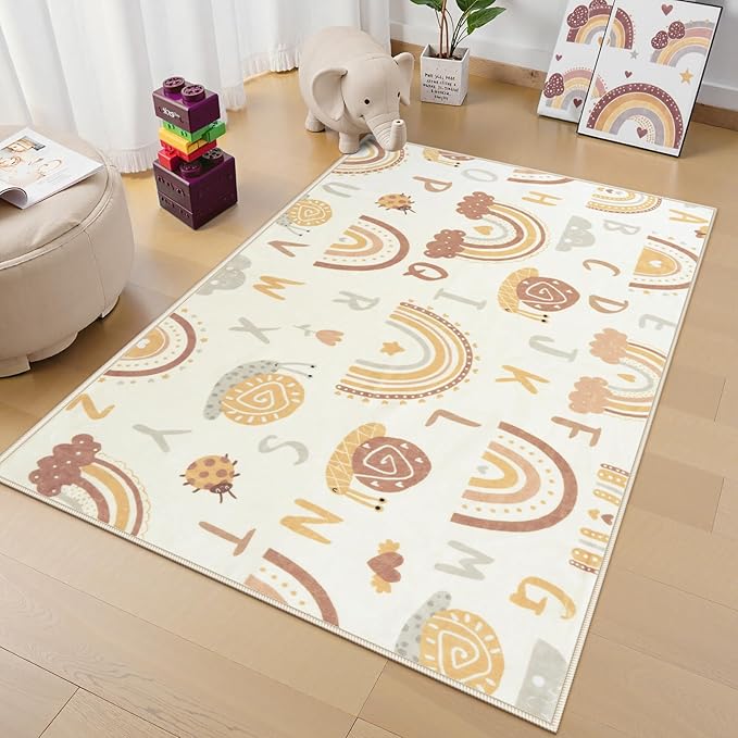 LIVEBOX Soft Kids ABC Rug, Washable Rainbow Rugs for Bedroom, Non Slip Playroom Carpet Cute Alphabet Mat for Preshcool Play Room (Orange,3'x5')