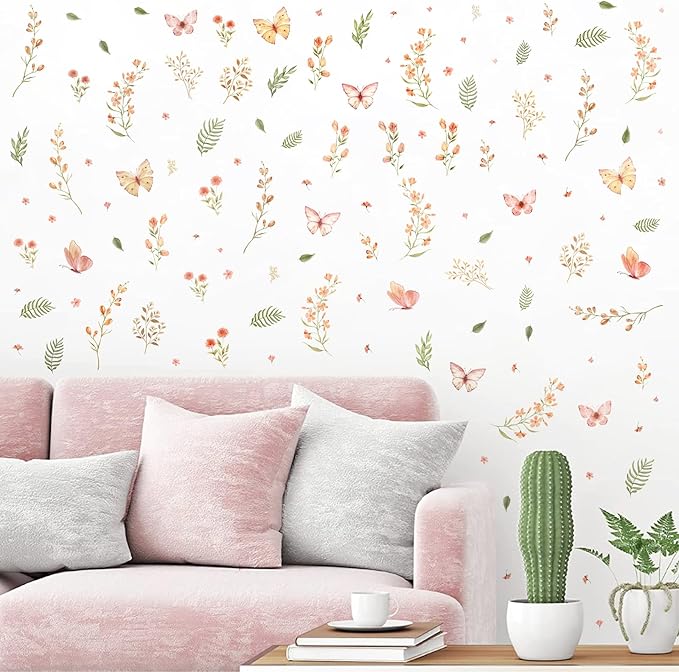 Boho Flower Wall Sticker Small Floral Wall Decals Peel and Stick Wildflower Leaf Sticker Removable Watercolor Girls Room Decal Flower Butterfly Decals for Nursery Baby Room Bedroom Decor