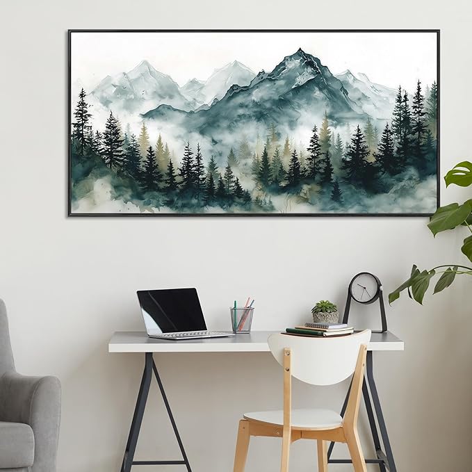 Large Framed Foggy Mountain Wall Art for Living Room, Watercolor Forest Landscape Canvas Paintings Artwork Green Nature Prints Art Rustic Wall Decor Modern Misty Pine Trees Pictures for Office 20"x40"