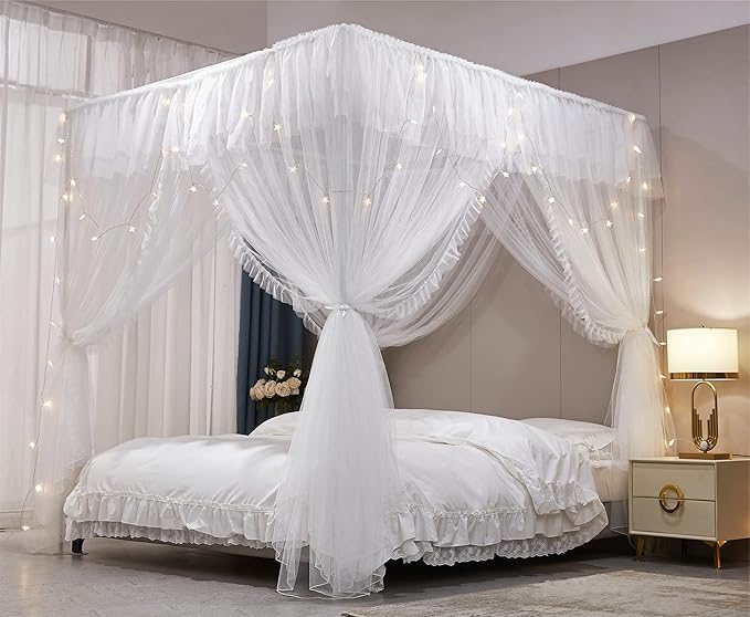 VETHIN 4 Corners Post Ruffle Princess Bed Canopy Curtain-Double Layer Cozy Drape Netting 4 Opening Mosquito Net for Girls Adults Bedroom Decoration (White/White, 59" W*82" L*82"*H/(Queen))