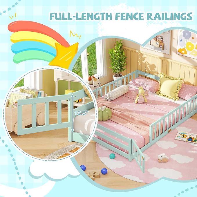 Giantex Queen Floor Bed with Door & Fence, Kids Wood Montessori Beds with Safety Guardrails, Floor Bed Twin for Kids, Boys, Girls, No Box Spring Needed, Mint Sky
