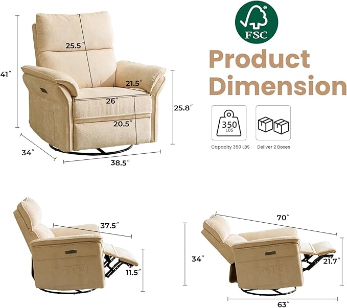 Oversized Power Recliner Chair Swivel Glider with Massage and Heat, Rocker Nursery Recliner for Adults with Adjustable Headrest, 26" Extra Wide Nursery Chair with Overstuffed Armrest,Beige