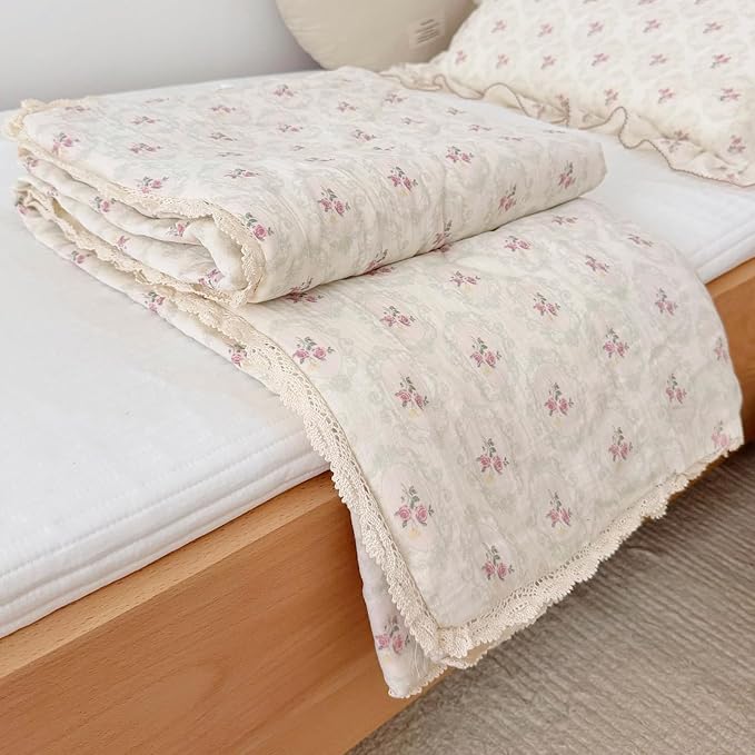 BuLuTu Double-Layer Cotton Muslin Toddler Quilted Blanket, Romantic Floral Design Baby Girls Crib Comforter with Lace Edges, Soft Lightweight Kids Quilt, 47"x59", Begonia Print