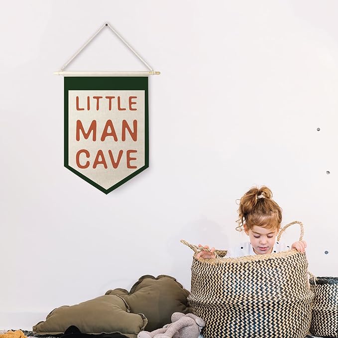 Qpenm Little Man Cave Hanging Wall Canvas Banner,Kids Room Hanging Pennant Flag Prints,Nursery Hanging Wall Canvas Banner,Nursery Wall Art Decor,Baby Boy Nursery Decor