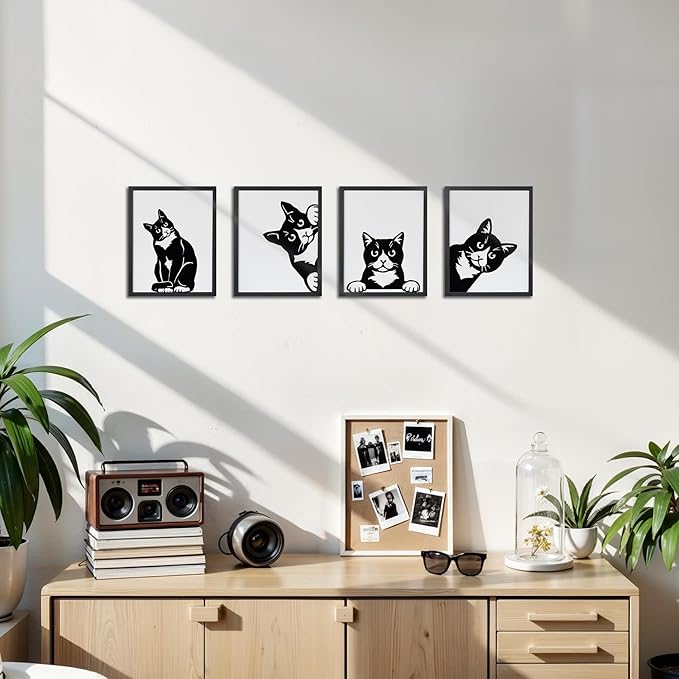 OFJE Funny Black Cat Lover Gifts Wall Art Decor Prints Set of 4, Cute Cat Pictures Wall Decor Living Room Bedroom Bathroom, 8x10 Unframed