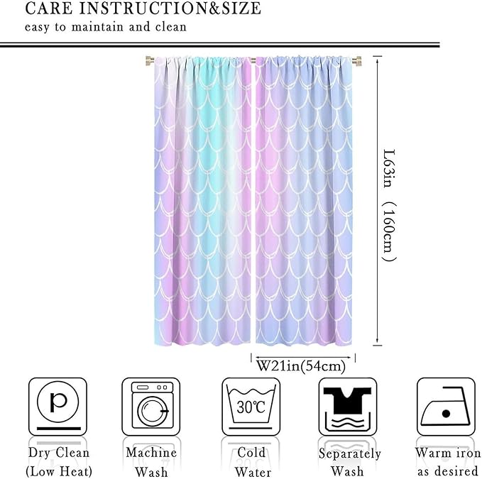 Fantasy Mermaid Curtain Rainbow Mermaid Scales Purple Pink Blue Ocean Theme Dream Blackout Window Treatment for Kids Boys Girls Bedroom Nursery Room Decor Rod Pocket Window Drapes 42x63in