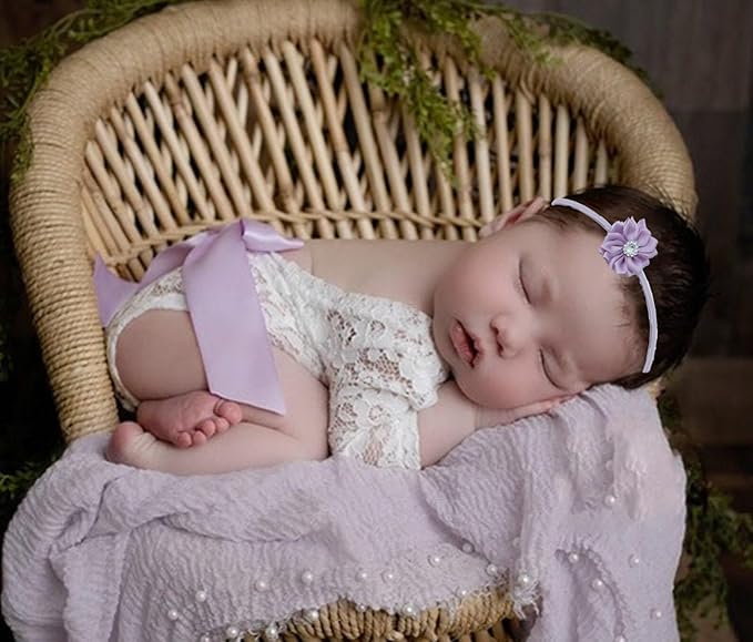 Newborn Girl Photography Outfits, Backless Lace Romper with Flower Headband Photo Props, Baby Girl Photoshoot Outfits