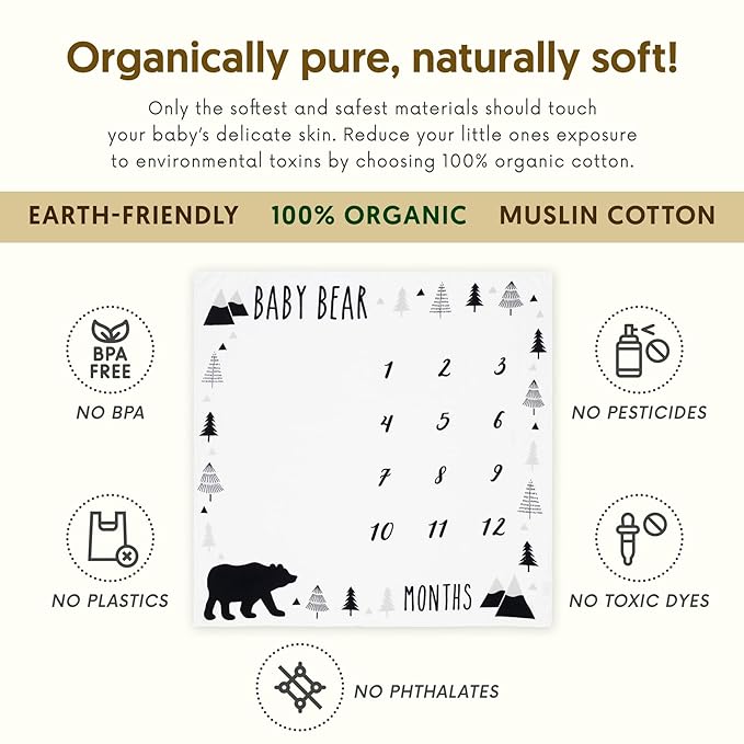 Pondering Pine Organic Baby Monthly Milestone Blanket Boy - Baby Bear Blanket with Month Marker Frame and Newborn Announcement Disc - 1-12 Months Milestones, Woodland, 47”x47”