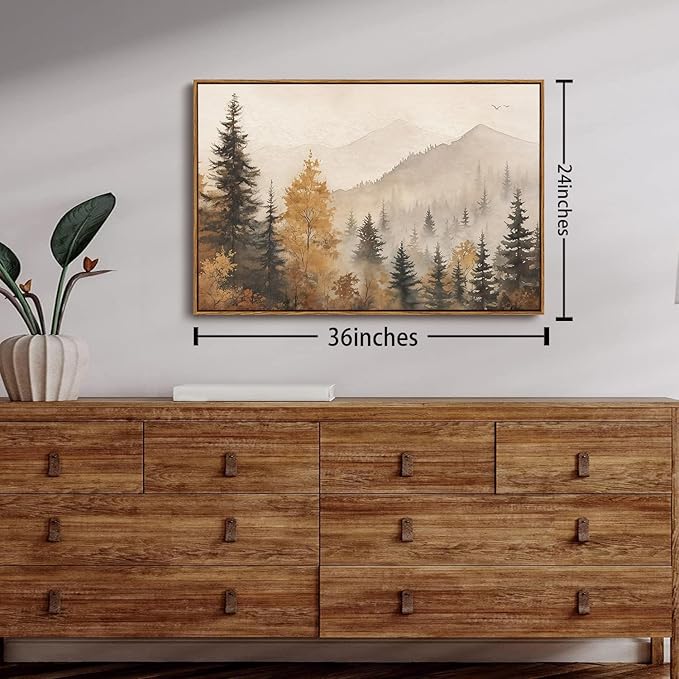 OIQArtOIQ Vintage Framed Wall Art Autumn Mountain Landscape Canvas Art Prints Fall Forest Rustic Farmhouse Pictures Wall Decor Modern Cottagecore Paintings Artwork For Bedroom Bathroom Living Room