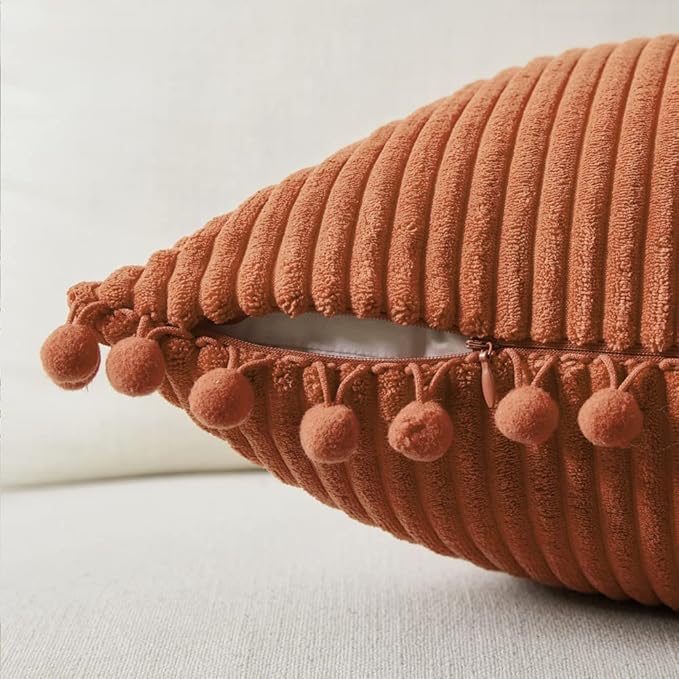 Fancy Homi 2 Pack Rust Lumbar Decorative Throw Pillow Covers 12x20 Inch with Pom-poms for Living Room Couch Bedroom, Soft Corduroy Solid Rectangle Cushion Case 30x50 cm, Rustic Farmhouse Home Decor