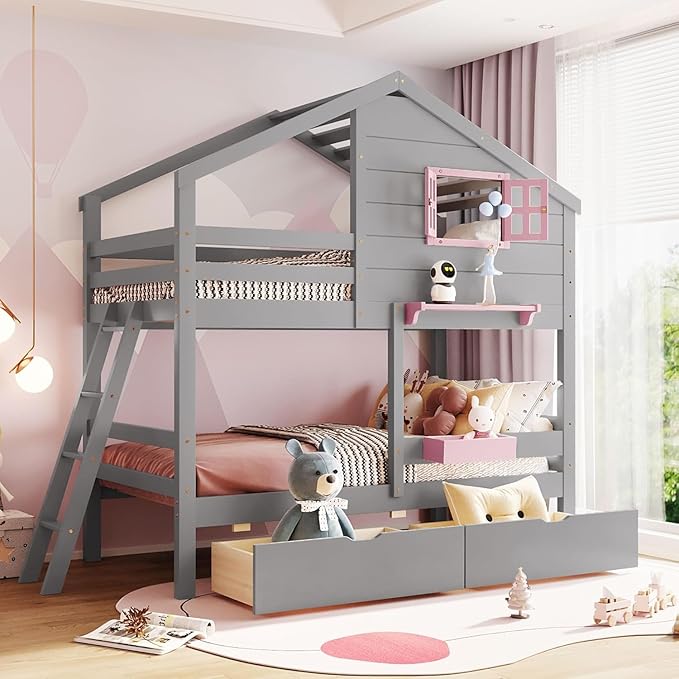 MERITLINE Twin Over Twin House Bunk Bed with Storage Drawers and Storage Box, Solid Wood Bunk Bed with Ladder,Shelf and Roof (Grey)