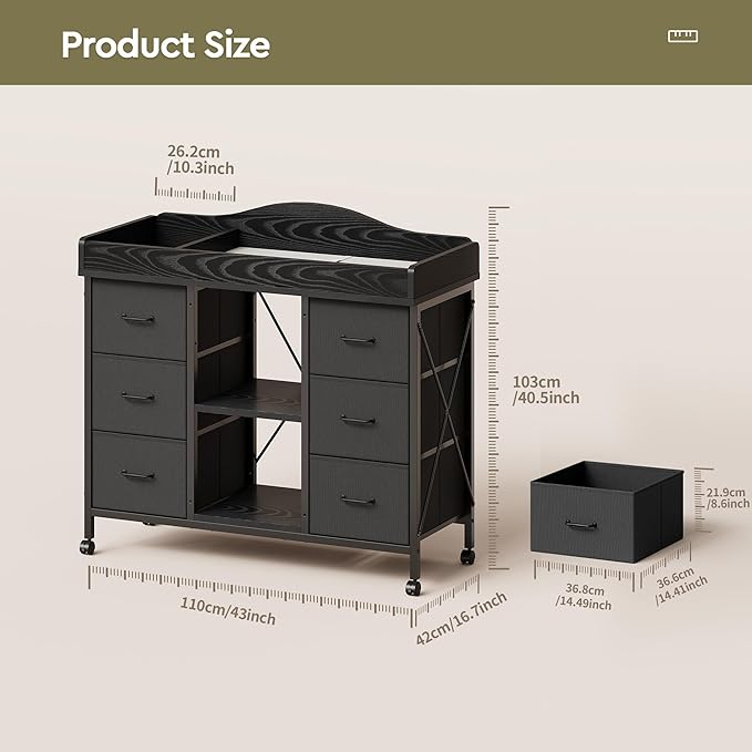 Changing Table, 6-Drawer Baby Dresser with Changing Table top,Waterproof Diaper Changing Station & Pad, 2 Height-Adjustable Open Storage Shelves, Mobile Nursery Organizer, Black