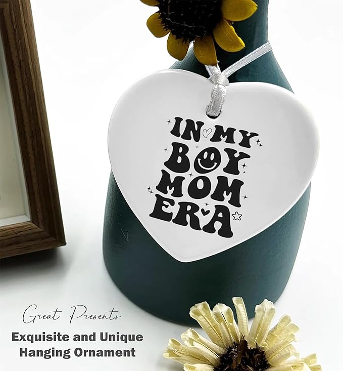 Heart Shaped Christmas Ornament-Boy Mom Club Gift-New Mom Keepsake for Baby Shower-Newborn Baby Announcement Present for Mother to Be-Ceramic Ornament Home Decor in My Boy Mother Era