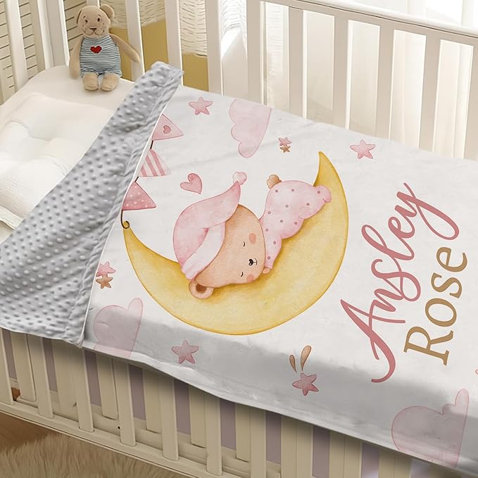 Personalized Baby Blanket for Girls, Custom Name Blanket for Newborn Toddler, Soft Flannel with Double Layer Dotted Backing, Gifts for Baby Shower Christmas Birthday, Pink Moon Bear(30”x40)