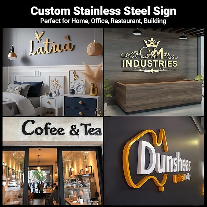 Custom Business Logo Sign, Handmade Professional 3D Laser Cut Acrylic Stainless Steel Letter Personalized for Wall, Salon Office Company Retail Studio Cafe Man Cave Bar Club Wedding Business Home
