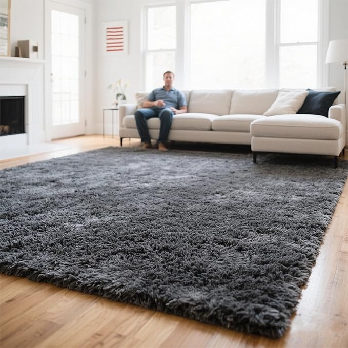 Grey Fluffy 8x10 Area Rug for Living Room, Plush Shag Rugs for Bedroom, Large Soft Furry Carpets for Kids Room, Modern Indoor Nursery Carpet for Classroom Dorm Cozy Comfy Home Decor
