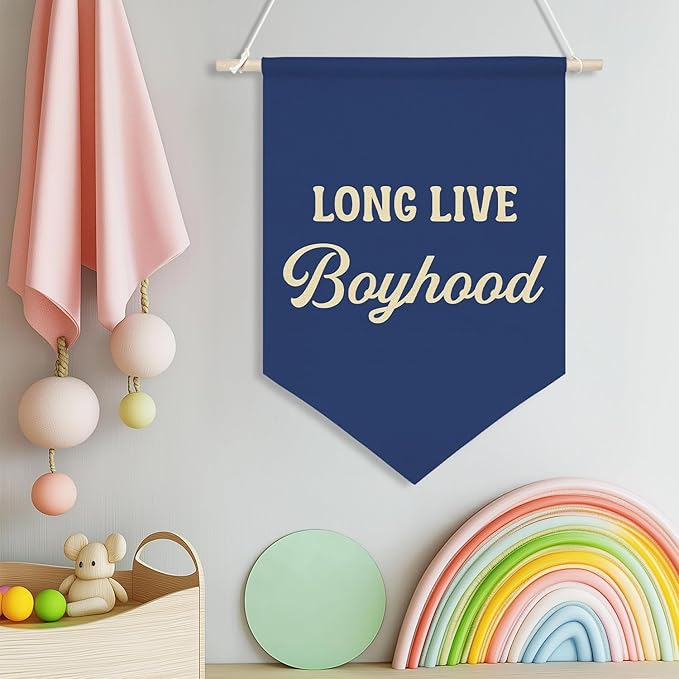Long Live Boyhood Wall Banner – Vintage Navy Canvas Wall Hanging Poster for Boys Bedroom, Nursery, or Playroom Decor – Inspirational Quote Wall Art for Kids Room 11x16inch(KD30)