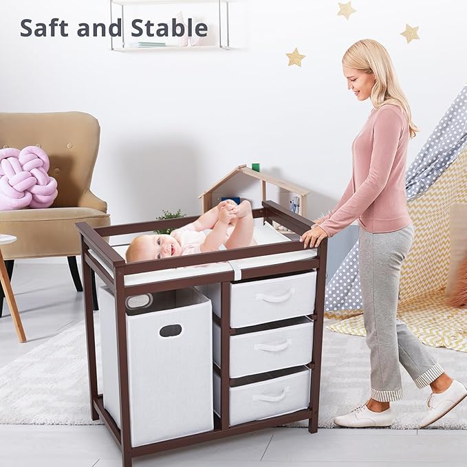 Wooden Baby Changing Table, Modern Diaper Changing Table, Infant Diaper Changing Station Dresser with Laundry Hamper, 3 Drawer Basket and Changing Pad