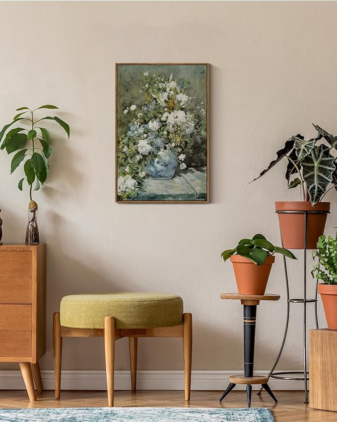 ARPEOTCY Floral Framed Canvas Print Wall Decor, Vintage French Flower Large Wall Art Home Decor, Ceramic Vase Floral Oil Painting for Living Room, Office Decoration, 20x30 inch
