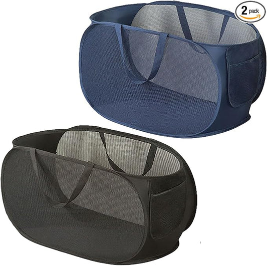 2 Piece Popup Mesh Laundry Basket Durable Handles Collapsible Laundry Baskets Folding Clothes Pastic Hamper for Laundry Room College Dorm (Black/Navy Blue)