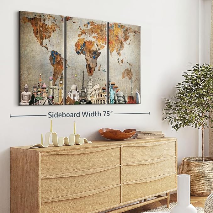 ElephantStock Rusty World Map Multi Piece Canvas - 3 Piece Canvas World Map Wall Decor - Wall Decor, Ready-to-Hang Print Vintage Wall Art - 65" X 42"