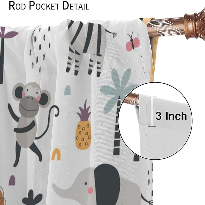 Cute Cartoon Animals Curtains Tropical Jungle Animals Elephant Giraffe Monkey Lion Modern Abstract Aesthetics for Kids Boys Bedroom Nursery Rod Pocket Decoration Window Drapes 2 Panels W36xL63in