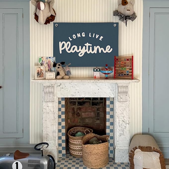 Playroom Decor for Boy, Long Live Playtime Wall Hanging Linen Banner, Blue Striped Wall Flag for Kids Room Nursery Playroom Decor, 20x30 Inch-Navy Blue