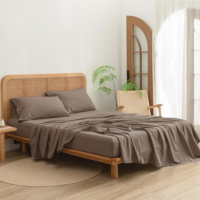 BESTOUCH Sheet Set 100% Washed Cotton Linen Feel Super Soft Comfortable Chic Lightweight 4 Pcs Home Bedding Set Solid Pine Bark Brown Cal King