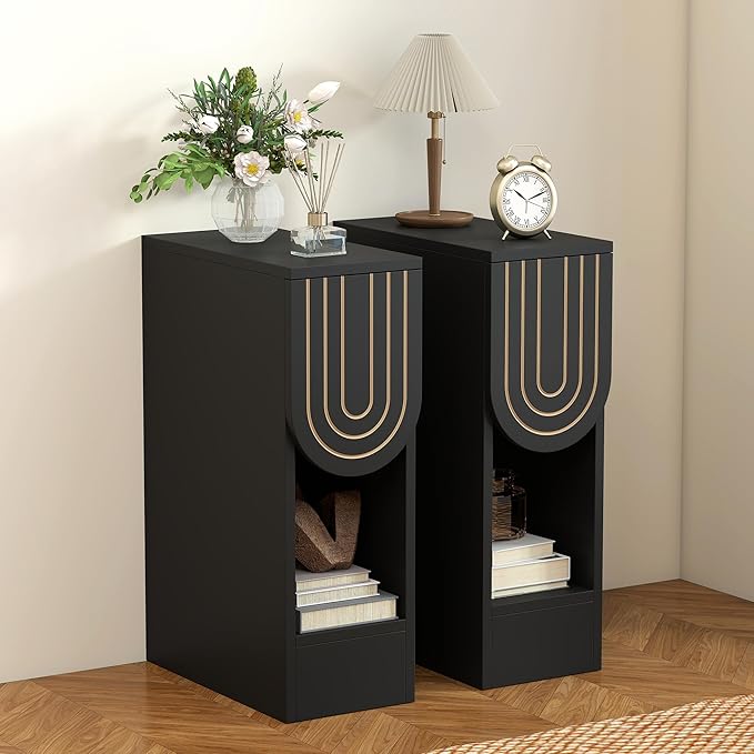 Narrow Nightstands Set of 2, Black Bedside Table with Carved Drawer and Storage Shelf, Mid-Century Modern Slim Side End Table for Bedroom Compact Space, Wooden Small Night Stand (2, Black)