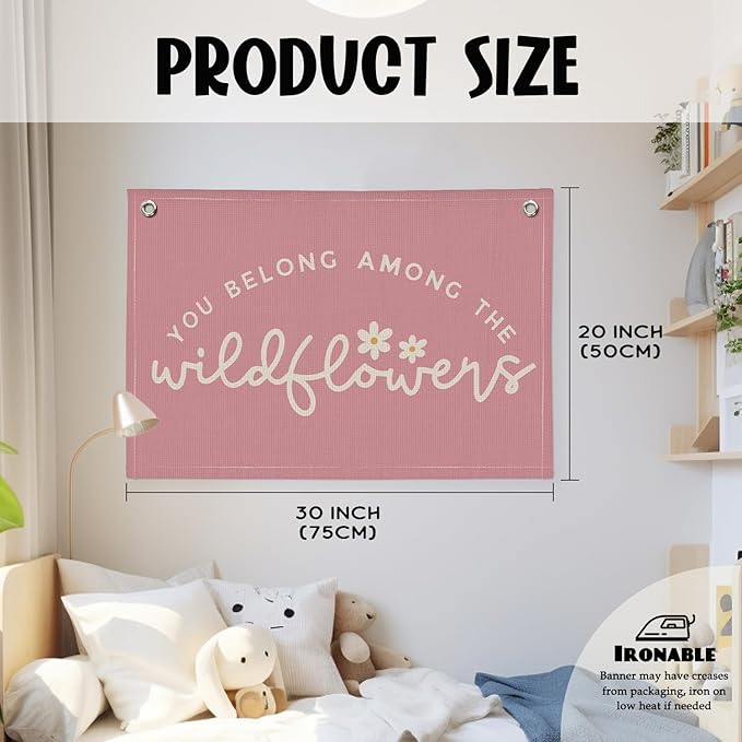Girls Room Decor, Wildflower Baby Girl Nursery Decor, Baby Shower Pink Linen Canvas Banner, Wall Hanging Banner Flag 20x30 Inch - Hot Pink