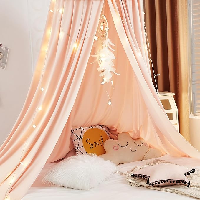 Kertnic Decor Canopy for Kids Bed, Soft Smooth Playing Tent Canopy Girls Room Decoration Princess Castle, Dreamy Mosquito Net Bedding, Children Reading Nook Canopies in Home (Pink-Ruffle)