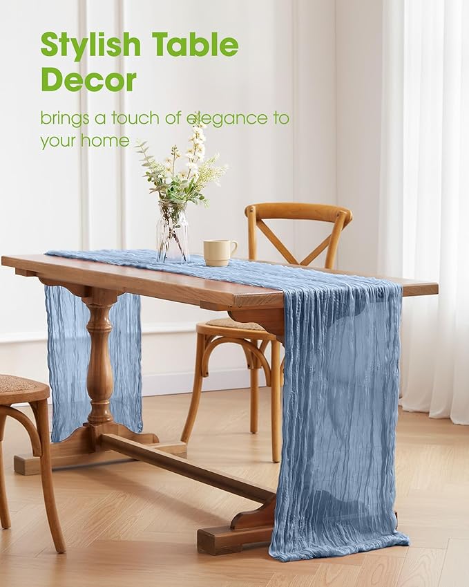 Pureegg 3-Pack Cheese Cloths Table Runner, 120'' Boho Table Cloth Decorations for Party, Baby Shower, Wedding and Farmhouse, Fabric Room Decor, Dusty Blue