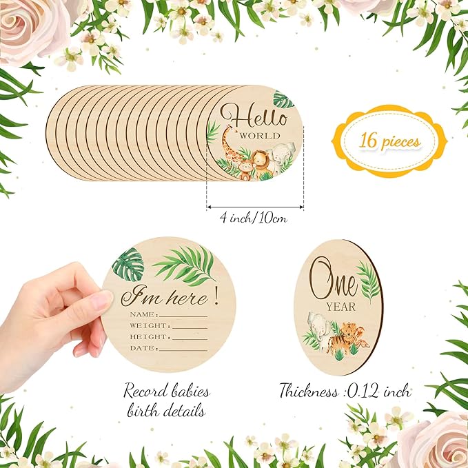 Tiamon 16 Pieces Wooden Baby Monthly Milestone Cards Monthly Milestone Marker Discs Double Sided Wooden Circles Months Signs for Baby Shower Newborn Photo Props (Jungle Animal)