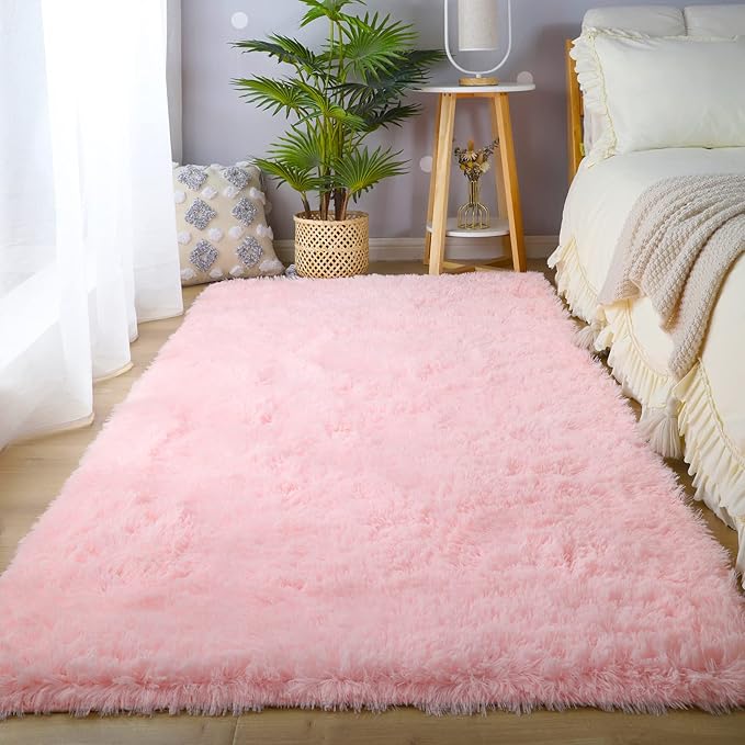 Pink Rug for Girls Bedroom 5x7: Ultra Soft Faux Fur Shag Rugs for Living Room,Modern Indoor Plush Fuzzy Carpets for Kids Nursery Dorm Room Decor