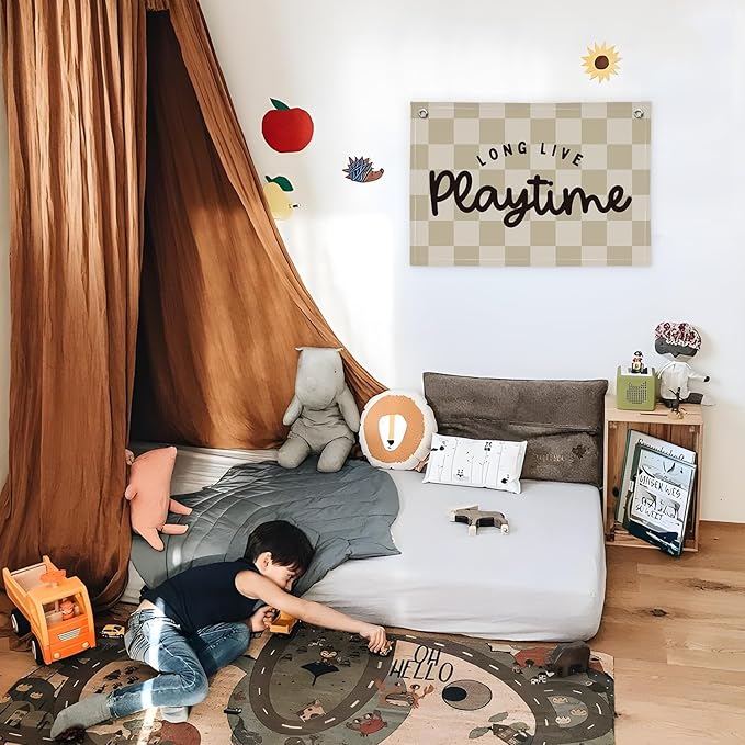 Playroom Wall Decor, Long Live Playtime Banner, Playroom Wall Decor Boy Nursery Decor, Checkered Canvas Banner Wall for Playroom Toddler Room, Boys Girls Kids Room,Classroom ，playtime