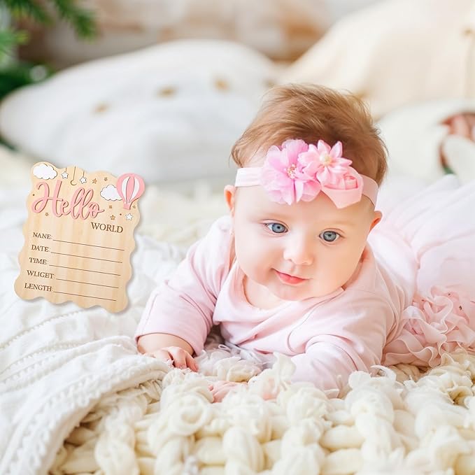 Baby Announcement Sign,Wooden Hello World Newborn Signs Birth Announcement Sign and Pen for Baby Shower Hospital Nursery Newborn Boys and Girls (Pink)