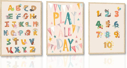 Burshley 3pcs Children Playroom Wall Art Canvas Prints ABC Learning Posters Play All Day Flags 123 Counting Paintings Colorful Educational Kids Wall Decor Nursery Kindergarten Decoration Unframed