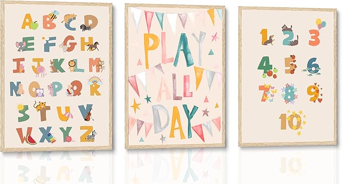 Burshley 3pcs Children Playroom Wall Art Canvas Prints ABC Learning Posters Play All Day Flags 123 Counting Paintings Colorful Educational Kids Wall Decor Nursery Kindergarten Decoration Unframed