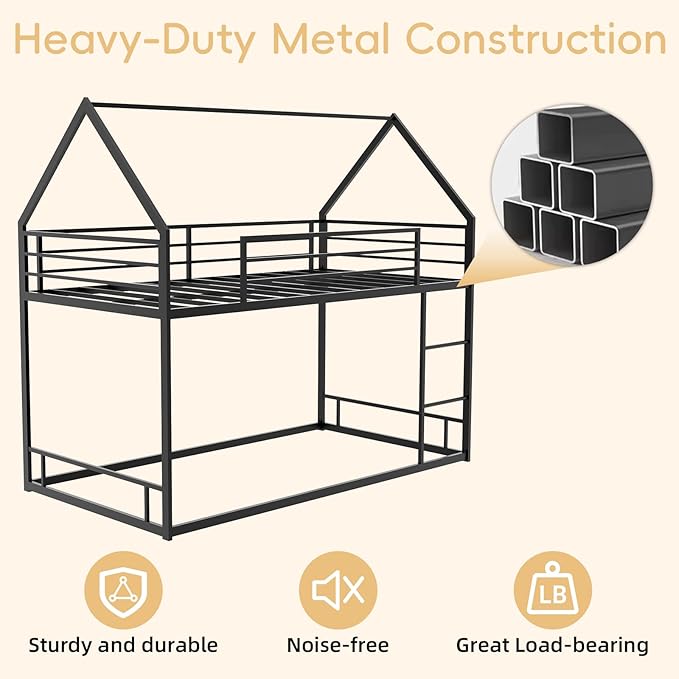 Bunk Bed Twin Over Twin, House Bunk Bed Frame with Ladder and Guardrail, House Shaped Bunk Bed Frame with Metal Slats for Girls Boys, Space Saving, No Box Spring Needed (Black)