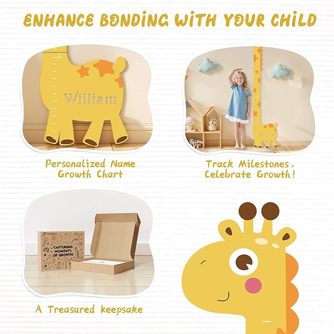 Personalized Name Growth Chart for Kids – Giraffe Height Chart for Boys and Girls, Wooden Height Chart Measuring Board 63" x 15.3"