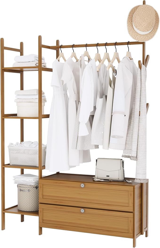 Garment Rack with Drawers,Cute Clothing Rack,Bamboo Clothes Rack,Clothes Rack Hanging,Solid Thickened Clothes Racks with Shelves (39.4inch Width Tawny)