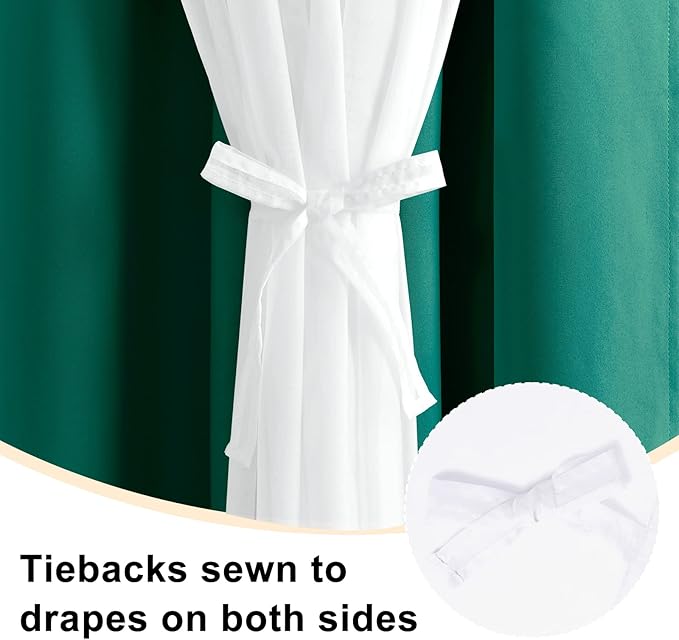 Hiasan Blackout Curtains with Sheer Overlay, Thermal Insulated Privacy Double Layer Mix & Match Grommet Window Curtains for Christmas,Living Room, 2 Drape Panels with Tiebacks, Hunter Green, 52W X 84L