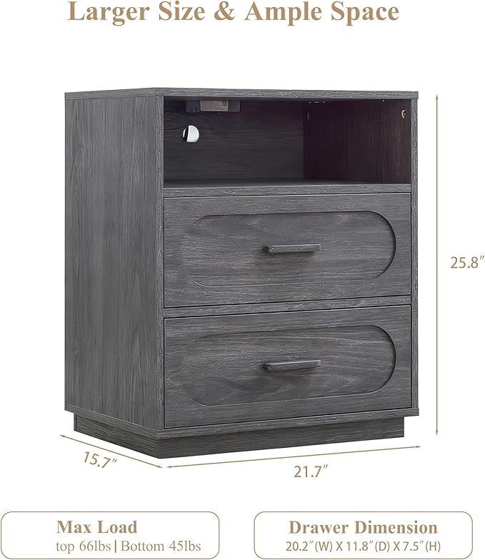 Grey Nightstand Set of 2 with Charging Station, End Table with 2 Drawers Storage, Space-Saving Wood Storage Cabinet with Unique Base Design, Bedside Table for Bedroom, Living Room