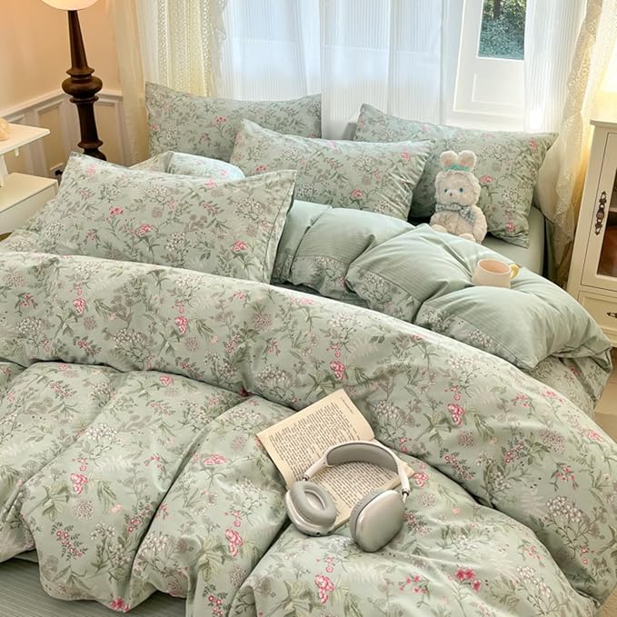 Duvet Cover Full 3Pcs Green Pink Floral Bedding Set for Girls Kids Botanical Flower Bedding Reversible Striped Pattern Soft Microfiber Sage Green Bedding with 2 Pillowcases(No Comforter)