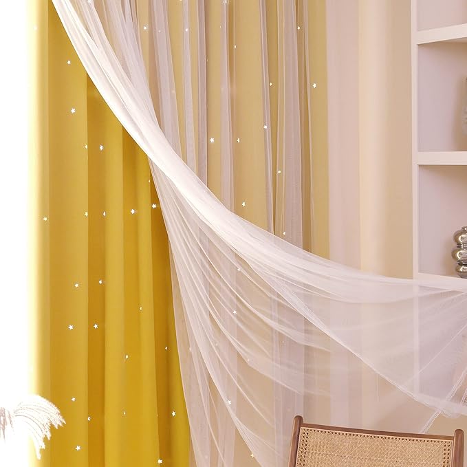 Kinryb Blackout Curtains for Girl Bedroom/Living Room/Classroom, Sheer Overlay 63 Inches 2 Panel Set, Double Layer Curtains with Star Cutout for Kids Room(W 52 x L 63 Inches,Yellow 2 Pcs)