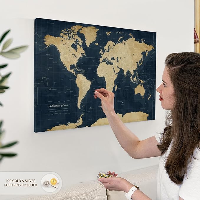 ElephantStock - Adventure Awaits World Map With Push Pins Wall Art - Horizontal Canvas Wall Art - Living Room Wall Decor - Digital Art Map Canvas Art - Gold And Blue Decor - 30" x 20"