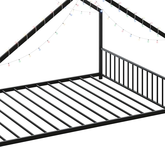 Bellemave Full Size Montessori Floor Beds with Slats for Kids, Metal Full House Bed for Kids, Black with Slats and Lights