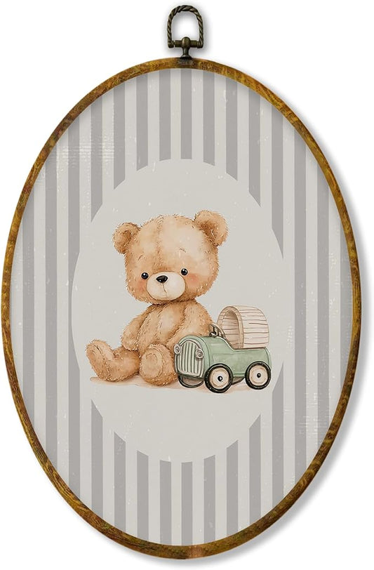 shiviody Vintage Bear Nursery Canvas Wall Art Decor, Bear Nursery Decor, Grey Striped Wild Animal Oval Hanging Frame Prints Decorations for Kids Toddler Room Bedroom Playroom 8.6"x11.4"